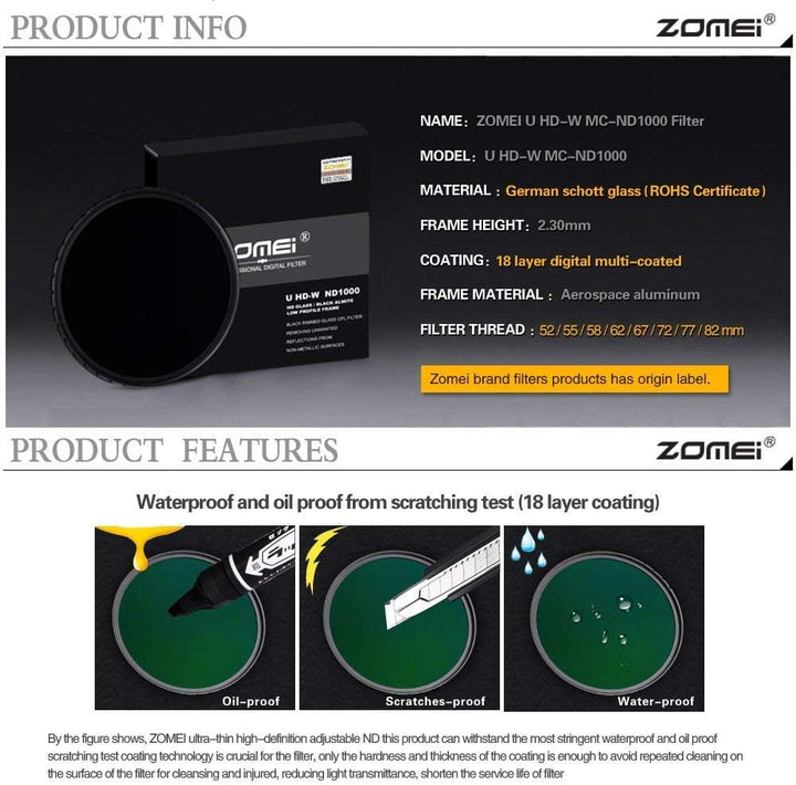 Zomei 58 mm Ultra Slim HD 18-lagiger, super mehrfachvergüteter Schott-Glas-PRO-Neutralgrau-ND1000-Li