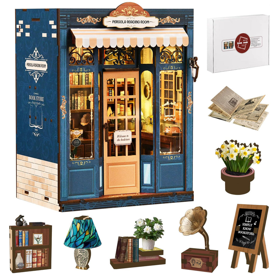 Shrike Book Nook Kit - DIY Miniaturhaus Holzpuzzle Puppenhaus, 3D Puzzle Buchstütze mit LED-Beleucht
