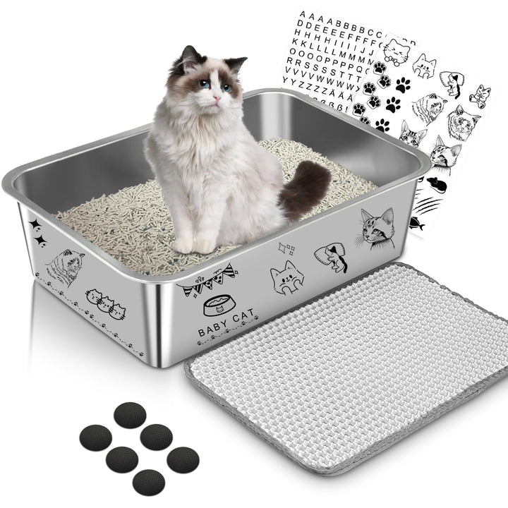 Edelstahl Katzenklo, 60×40×15cm Grosse XXL Katzentoilette aus Edelstahl, Katzenklo Geruchsfrei für G