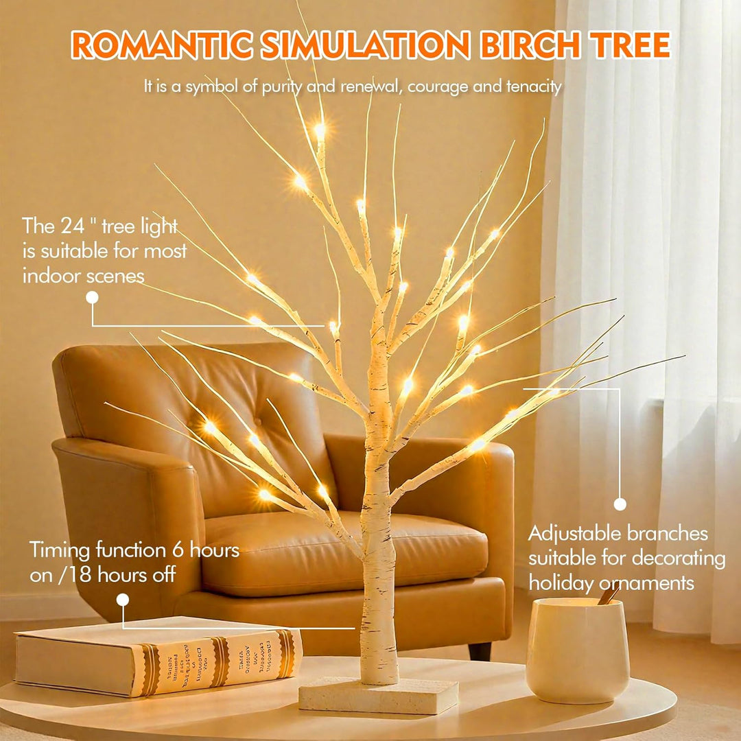2er Set Lichterbaum Birke 60cm mit 24 Warmweissen LEDs, Verstellbare Äste Christmas LED Baum Dekolic