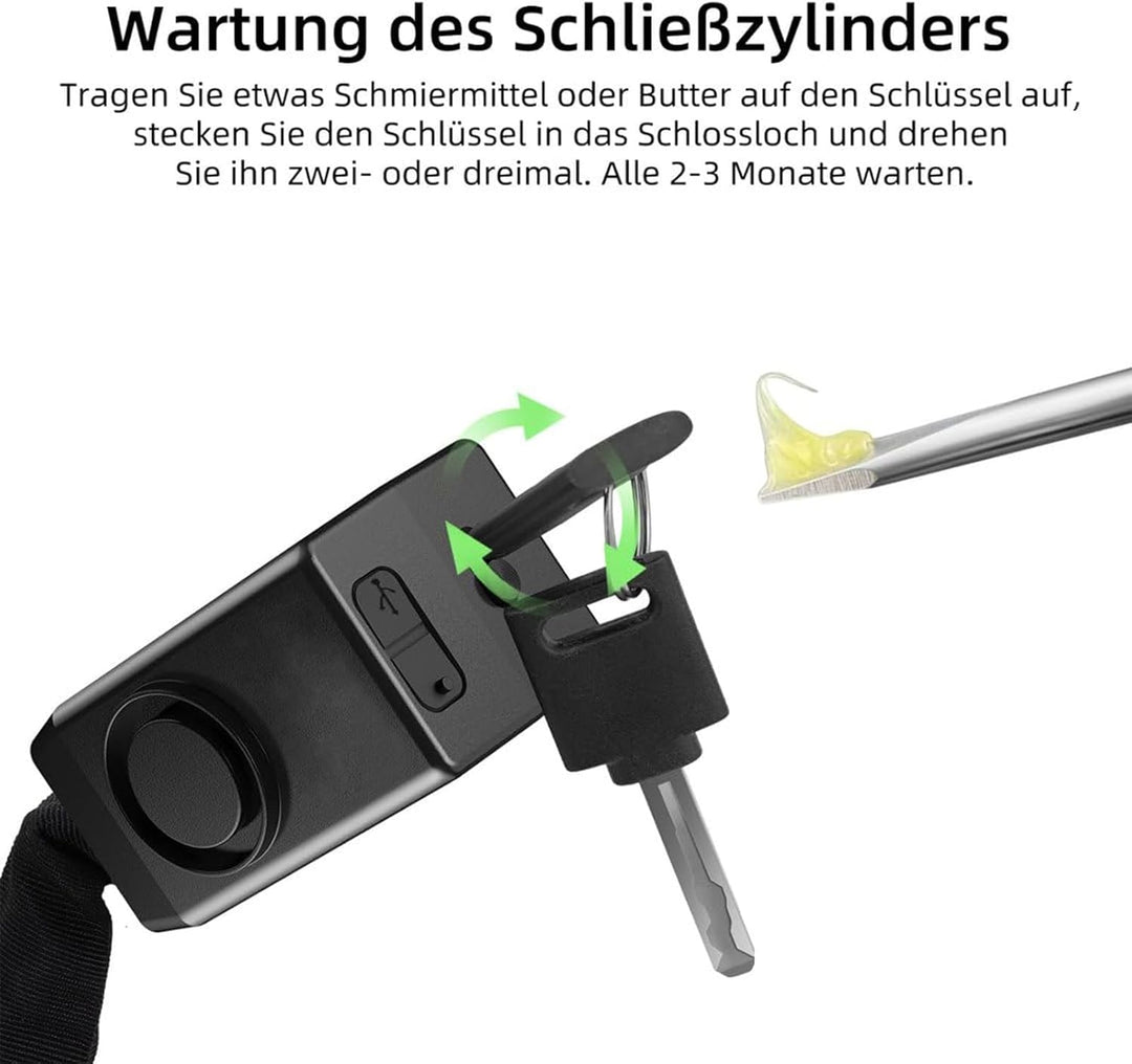 E Scooter Schloss, Fahrradschloss mit Alarm 110dB, Anti-Diebstahl E-bike Kettenschloss, USB-C auflad