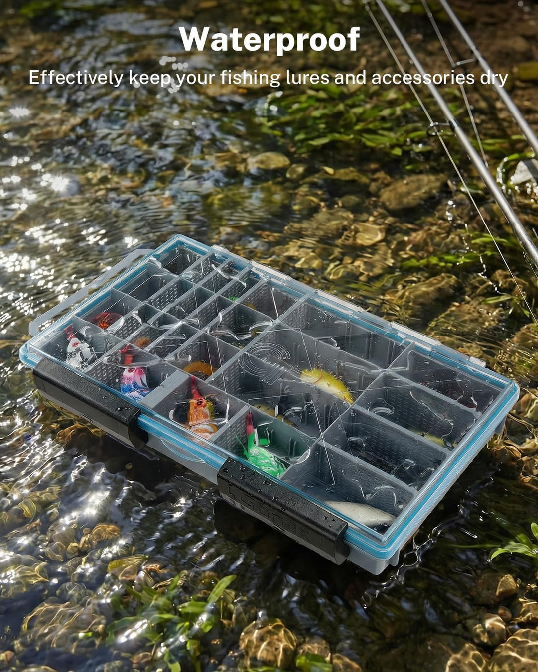 Gonex Köderboxen Angeln 2er-Pack, Wasserdichte Angelboxen mit Verstellbaren Fächern, Transparente Tr