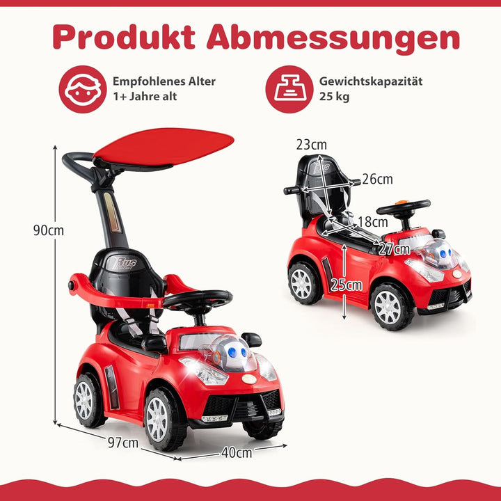 COSTWAY 3-in-1 Rutschauto mit Schiebestange, Rutschfahrzeug mit Hupe, Musik, Licht & Sicherheitsgurt