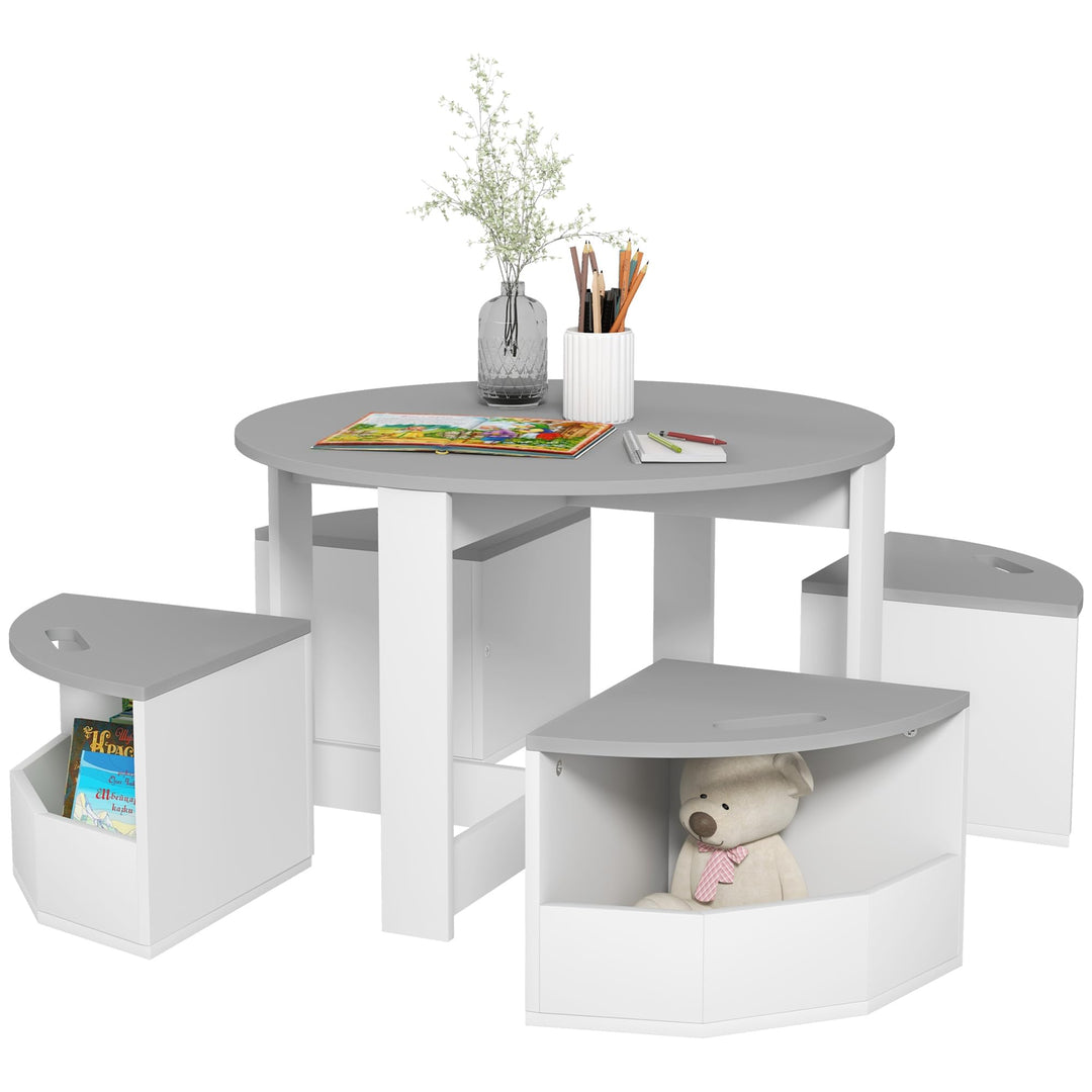 AIYAPLAY 5-TLG. Kindertisch und Hocker Set, Tisch und Stühle Set mit platzsparendem Holzaufbewahrung