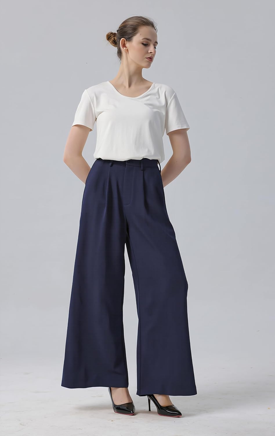 Tronjori Damen Hose Weites Bein Frauen Lange Hose mit Taschen Einfarbig Lose elastische Hohe Taille