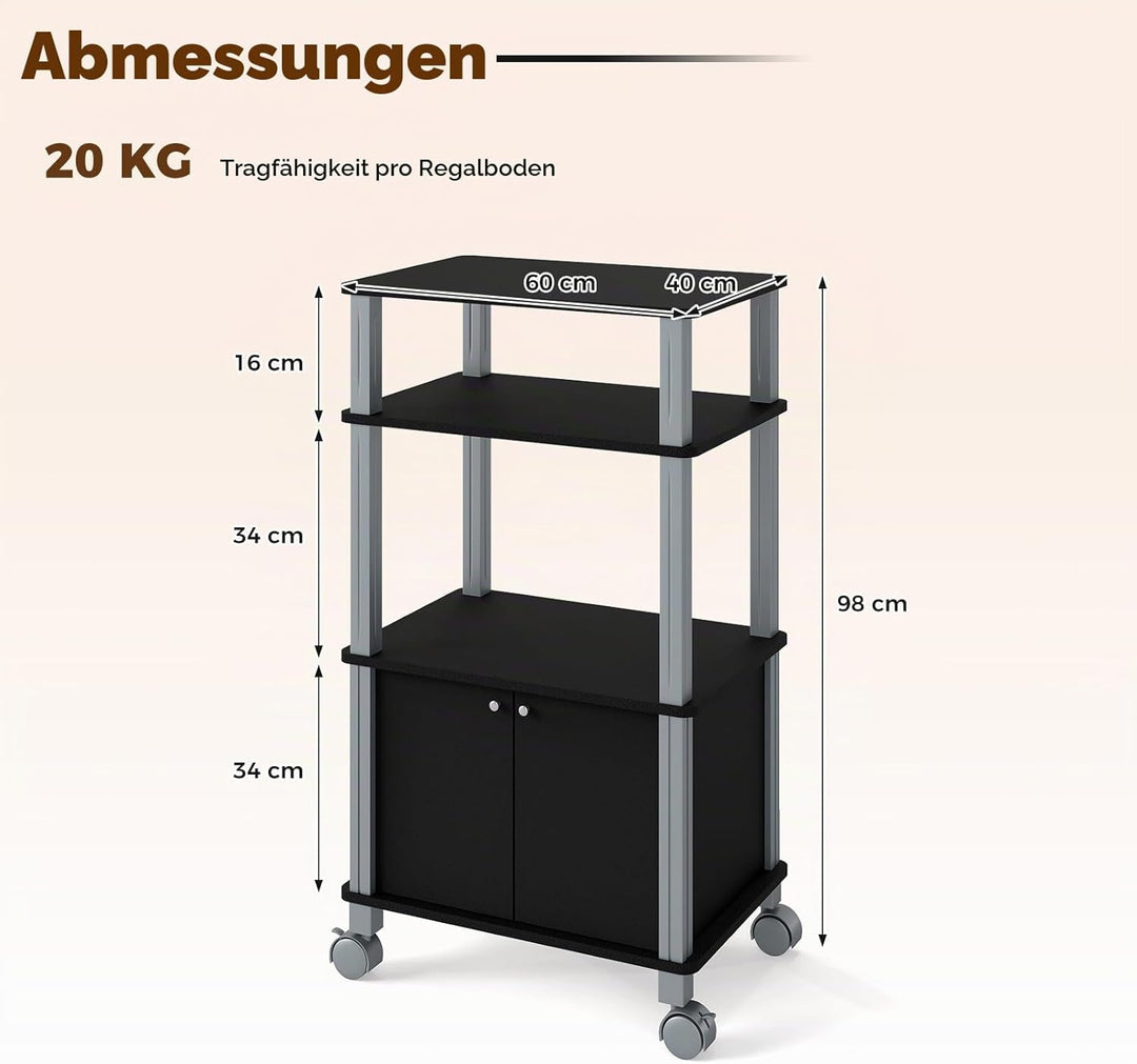 KOMFOTTEU Küchenwagen mit 3 Ebenen, Küchenregal mit Rollen und Schrank mit Tür, Beistellwagen aus Ho