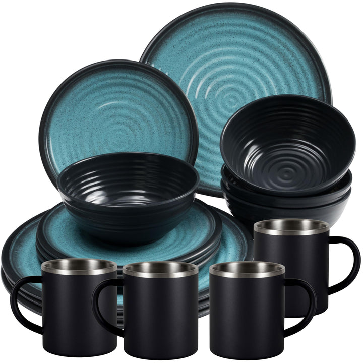 Melamin Geschirr Set Blau Schwarz mit Edelstahl Thermo Tassen doppelwandig - Tonoptik Essgeschirr -