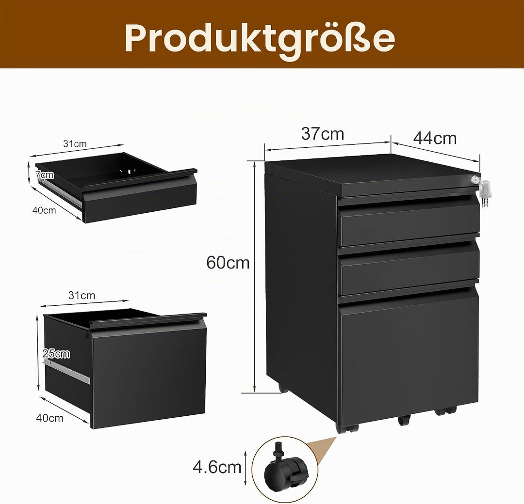 Rollcontainer, Aktenschrank Abschliessbar mit 4 Schlüsseln, Aktenschrank unter Schreibtisch, mit 3 S