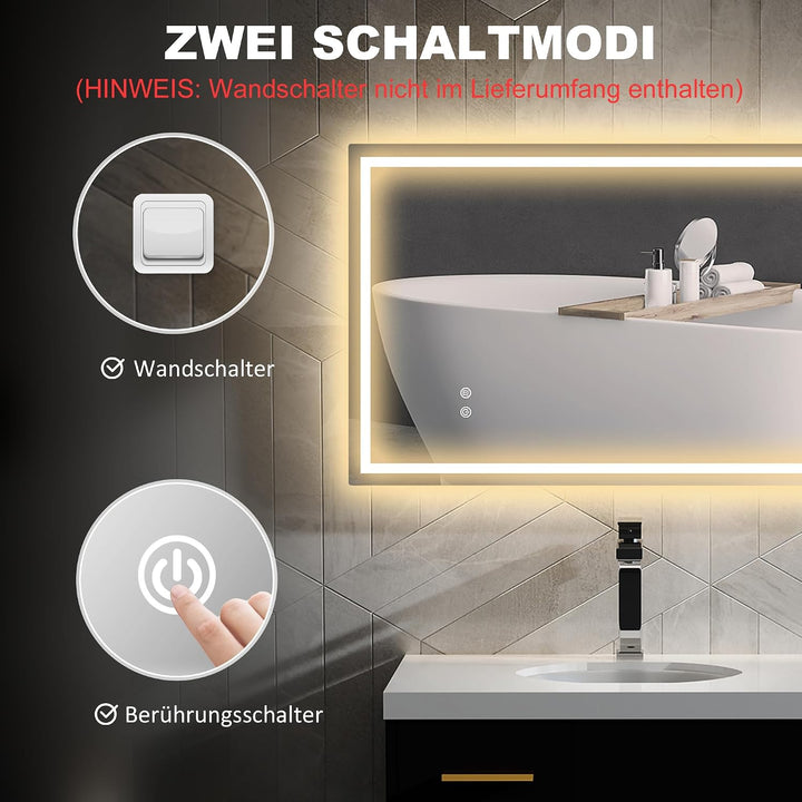 HOMCOM Badspiegel mit Beleuchtung 100x60 cm Badezimmer Spiegel Silber | Vor- und Hinter Beleuchtung,