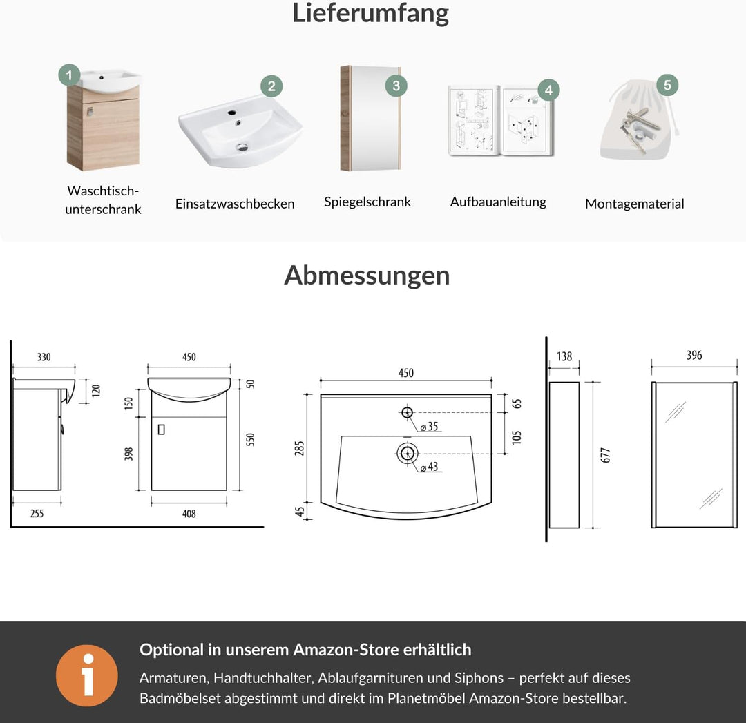 Planetmöbel Badmöbel Set aus Waschtisch + Waschbecken + Spiegelschrank, Gäste Bad WC, Farbe Sonoma E