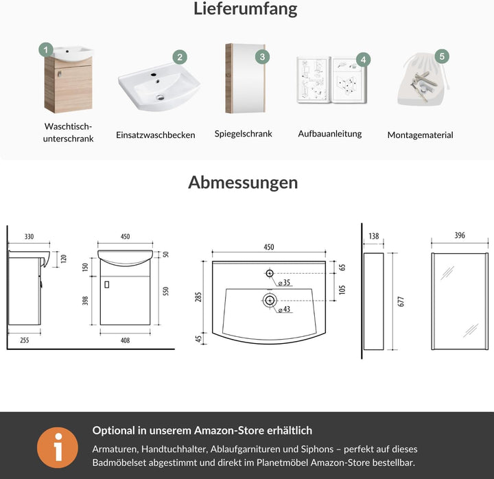 Planetmöbel Badmöbel Set aus Waschtisch + Waschbecken + Spiegelschrank, Gäste Bad WC, Farbe Sonoma E