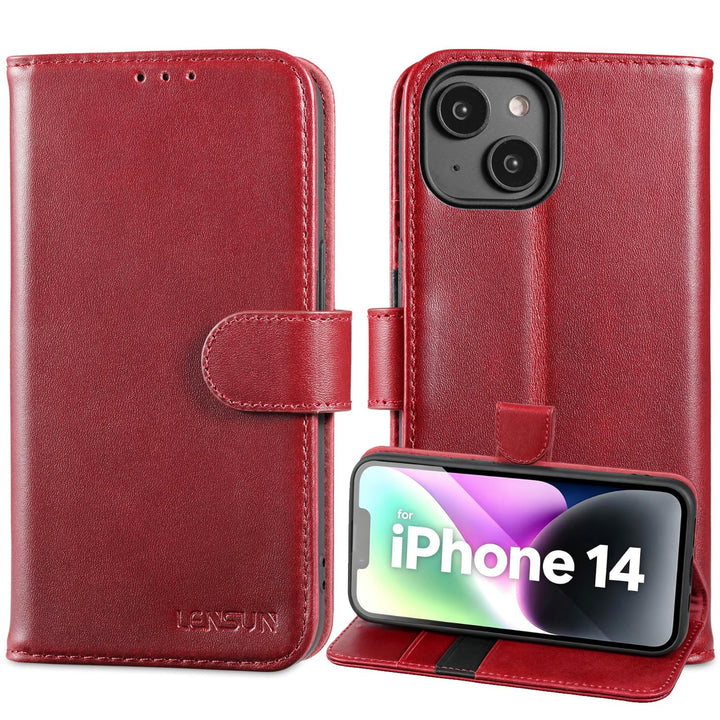 LENSUN Echtleder Hülle für iPhone 14, Handyhülle Echt Leder [Magnetverschluss][RFID Schutz] Handytas