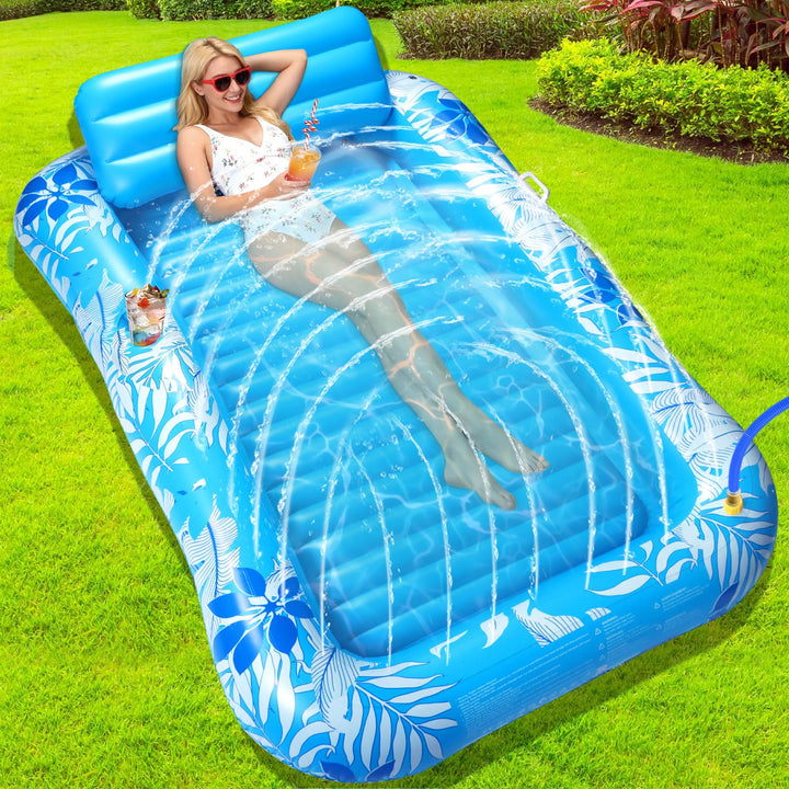 Luftmatratze Pool Erwachsene, Aufblasbares Schwimmbett mit Sprinkler & Getränkehalter, Grosse Wasser