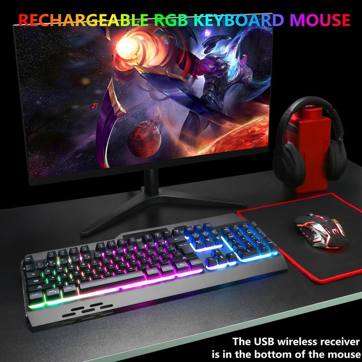 Kabellose RGB-Gaming-Tastatur, kabellose LED-Maus und Mauspad-Set, wiederaufladbare Hintergrundbeleu