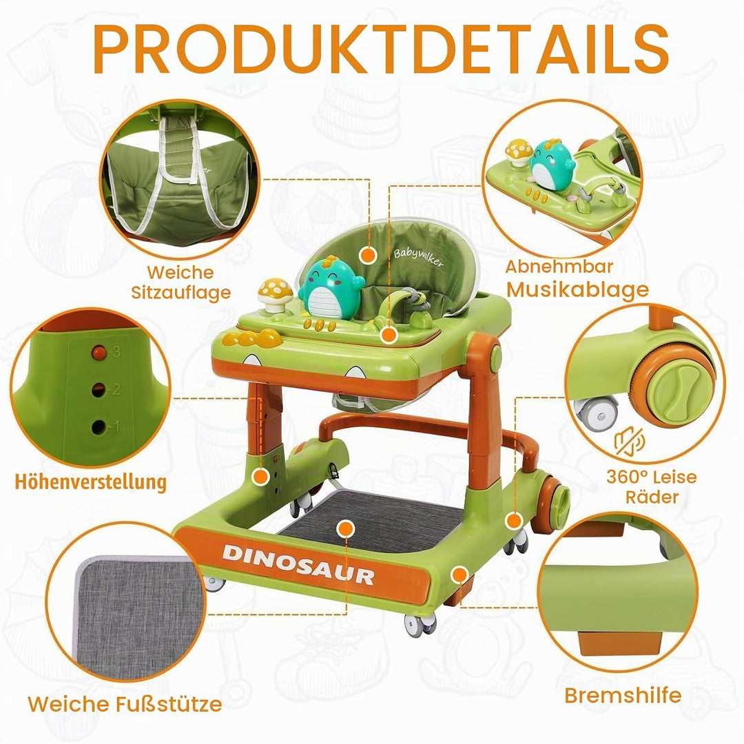 Lauflernwagen Baby Dinosaurier mit Musikalischem Spielset,Fussstütze,Höhenverstellbar,360° Geräuscha