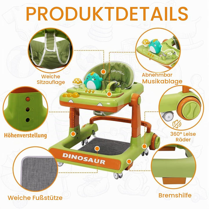 Lauflernwagen Baby Dinosaurier mit Musikalischem Spielset,Fussstütze,Höhenverstellbar,360° Geräuscha