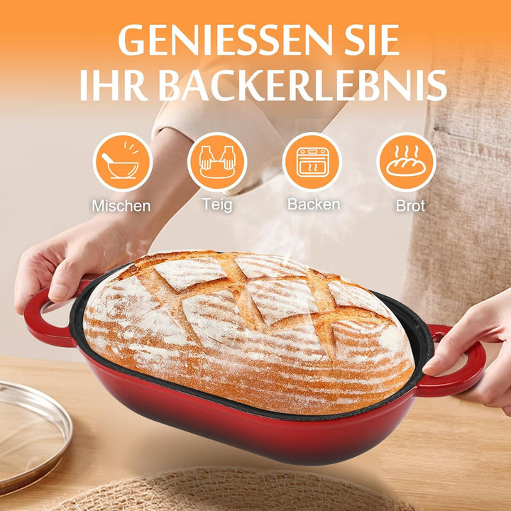 NSIRONS Gusseisen Brotbackform mit Deckel, 23 cm Emaille Gusseisen Topf Brot Backen, Bräter mit Deck