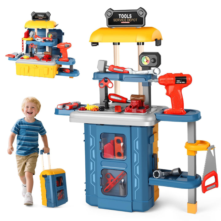 3 in 1 Werkzeugkoffer Werkbank Kinder, 46 Stück Werkzeug Set Kinder mit Elektrische Spielzeug Bohrma