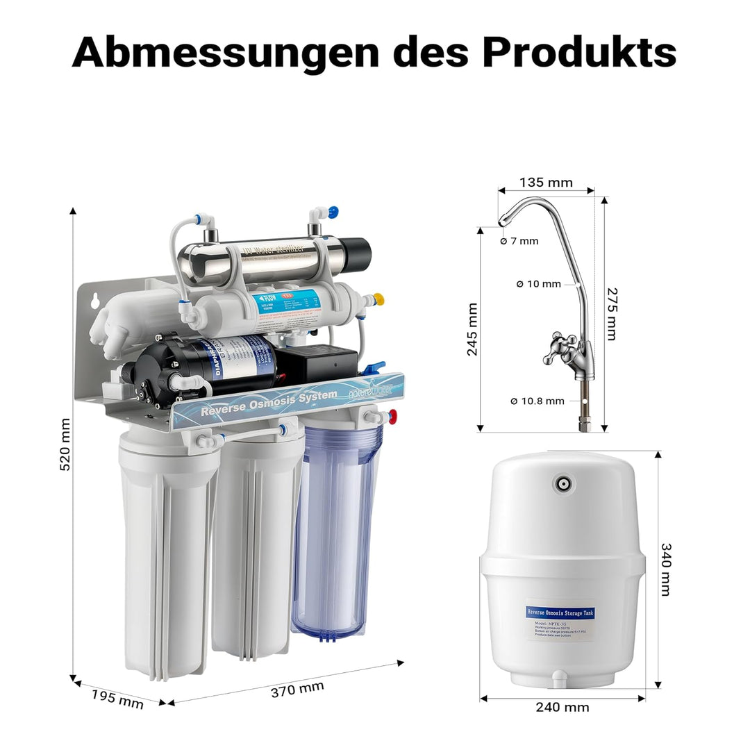 Naturewater 6 Stufen Umkehrosmose RO 180 L/Tag mit UV Klärer und Druckerhöhungspumpe