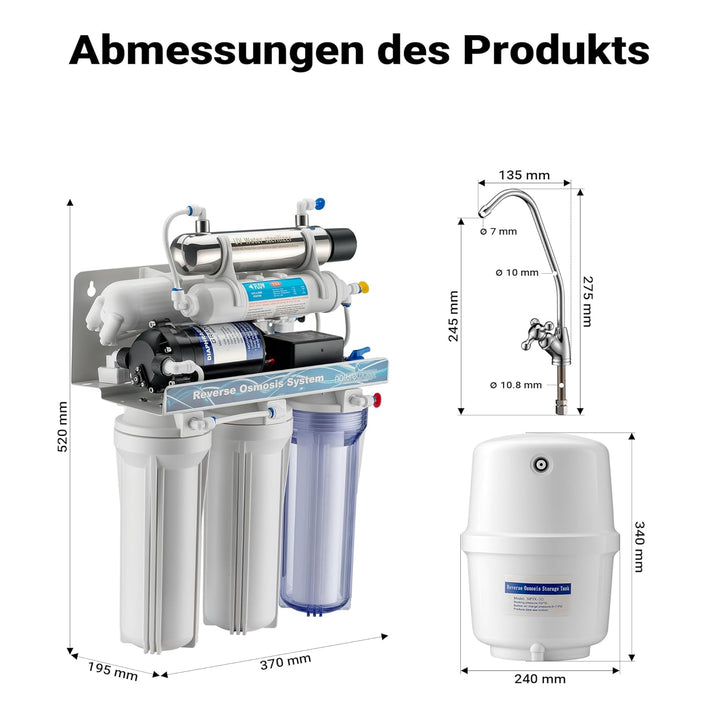 Naturewater 6 Stufen Umkehrosmose RO 180 L/Tag mit UV Klärer und Druckerhöhungspumpe