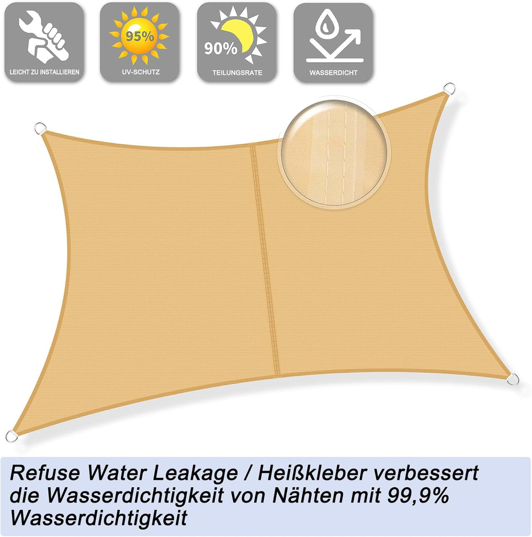 Sunnylaxx 3x4m Sonnensegel Rechteckig, Wasserdicht Sonnenschutz Sunsegel Color Sand, 95% UV-Schutz,f