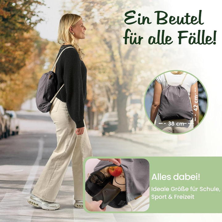 Baumwoll 10er Set Anthrazit Turnbeutel Sportbeutel Zuziehbeutel Gymsack Sack Jute Schule Rucksack, A