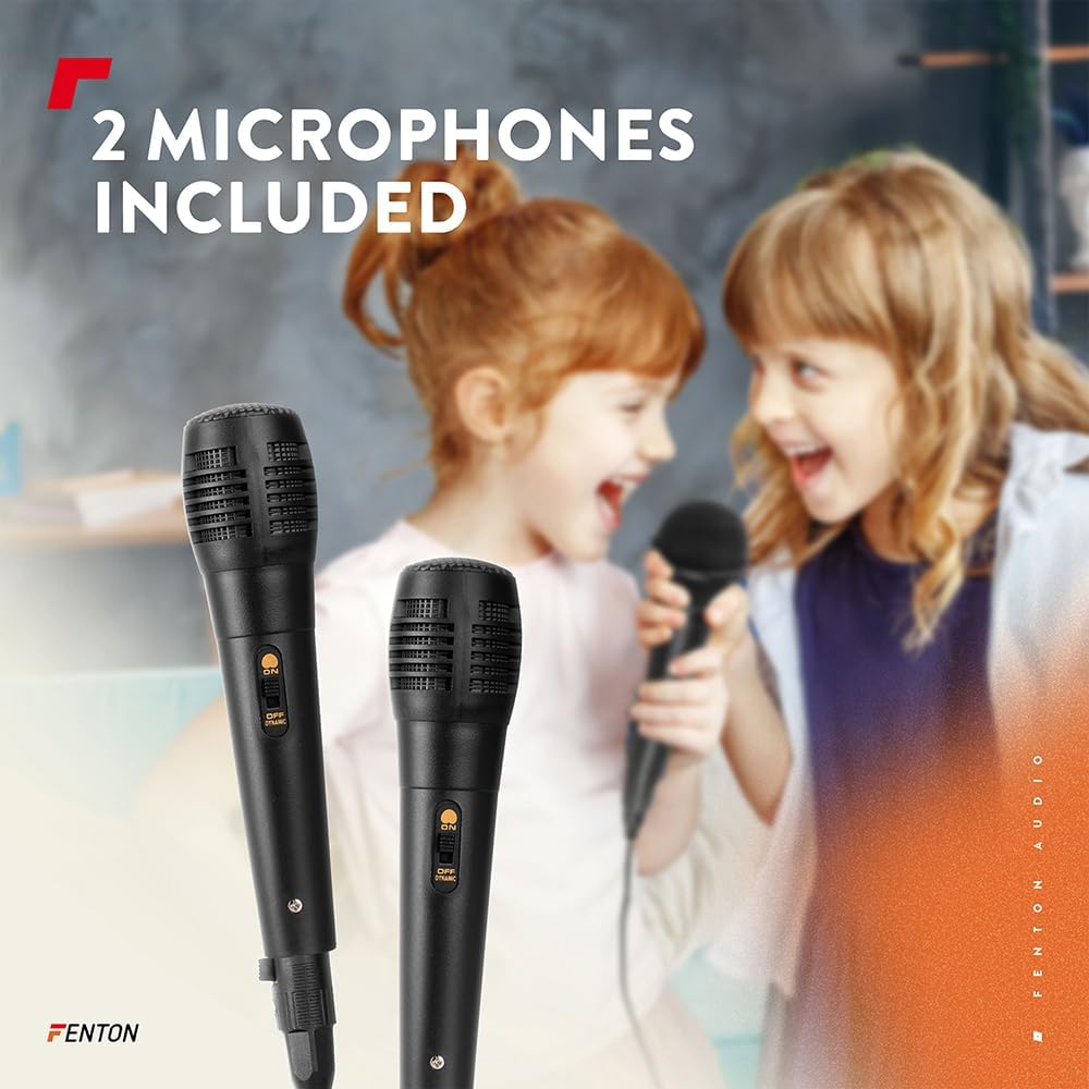 Fenton KAR55P – Musikbox Kinder Karaoke Anlage mit 2 Mikrofonen, Jelly Ball LED-Discolicht, Bluetoot
