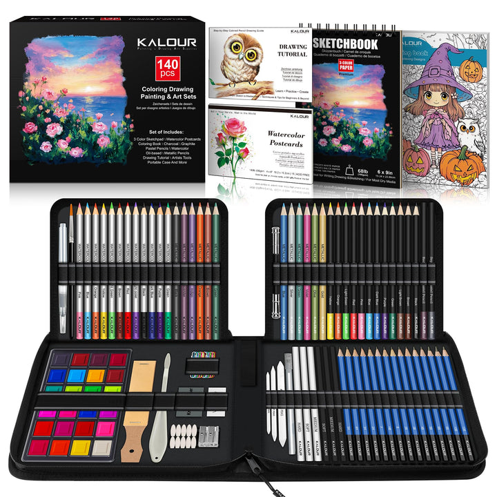 KALOUR Art Set, 140 Pieces Drawing and Painting Supplies, Colored Pencils, Watercolor, Sketchbook, C