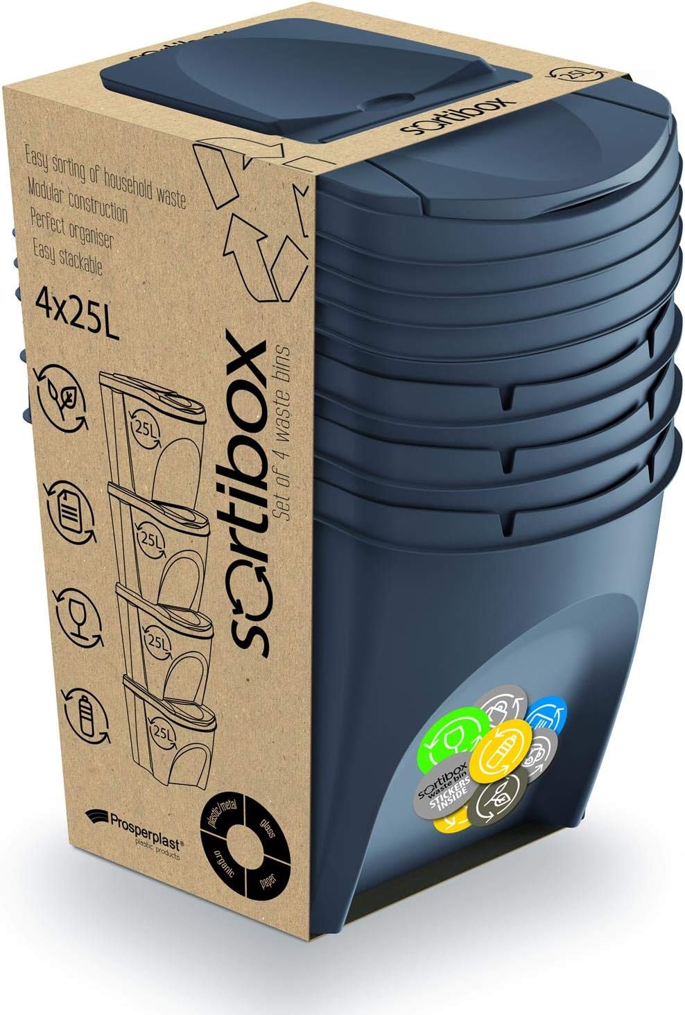 Sortibox 4er Set Mülleimer Abfalleimer Küche (80 Liter 4x25L) Papierkorb Behälter Abfallsammler Müll