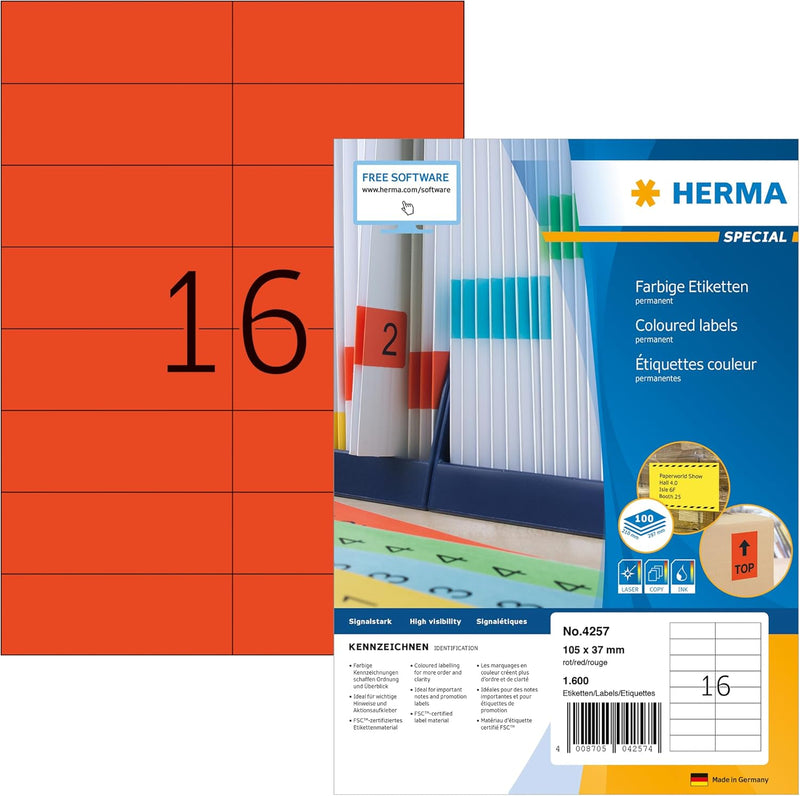 HERMA 4257 Farbige Etiketten rot, 100 Blatt, 105 x 37 mm, 16 Stück pro A4 Bogen, 1600 Aufkleber, sel