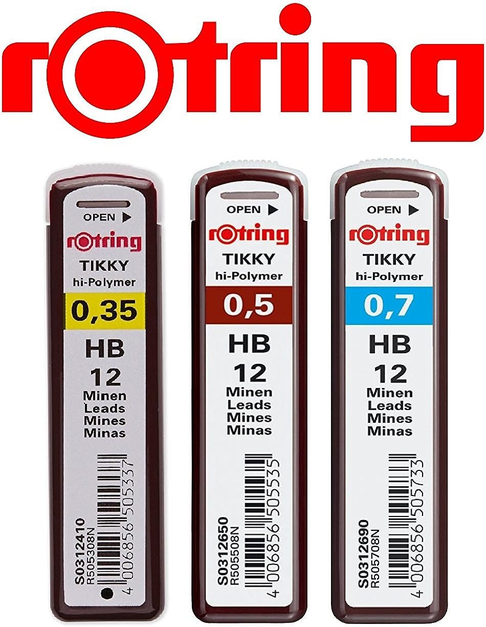 rOtring Tikky 3er Set mit Colourcode 0,35/0,5/0,7 mm (inkl. 3 Dosen Ersatzminen HB + Radierer B20)