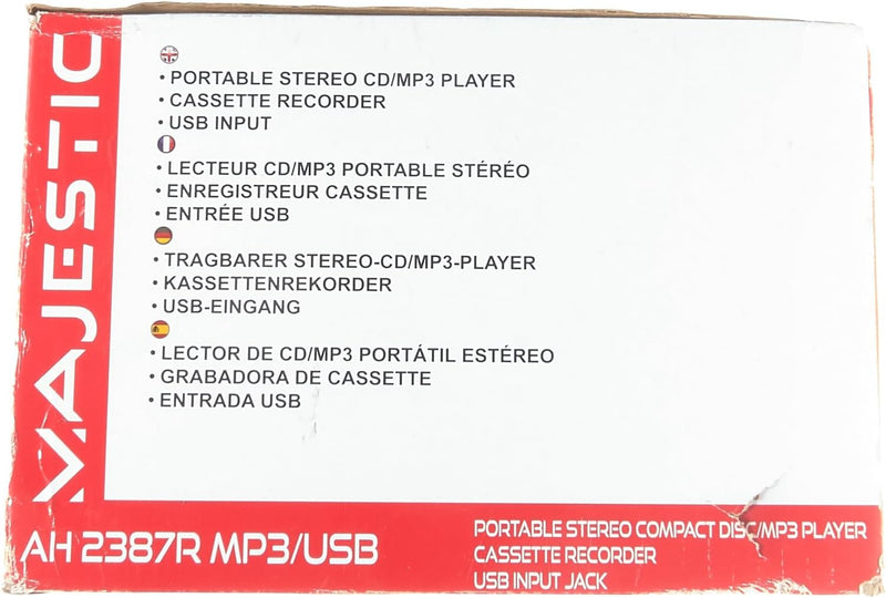 Majestic AH 2387R MP3 USB - Tragbare Boombox mit CD/MP3-Player, USB-Eingang, Kassettenrekorder, Kopf