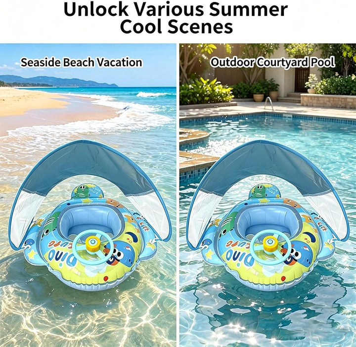 Kinder Pool Schwimmfloss Mit Sonnendach Aufblasbarer lustiger Dinosaurier