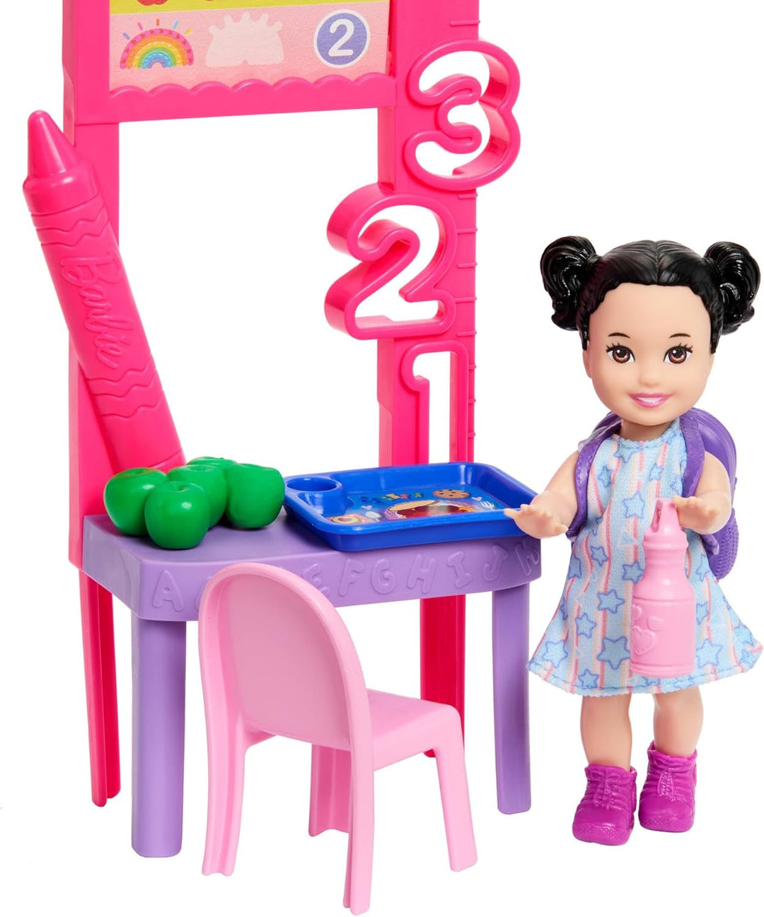 Barbie Karriere Lehrerin-Spielset mit Modepuppe im abnehmbaren Kleid, Kleinkind-Puppe, Tafel und Zub