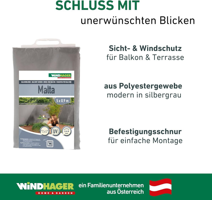 Windhager Balkonblende Malta Sichtschutz Balkon Windschutz, 0,9 x 5 m, Silber/grau, 06797, Silber