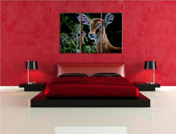 Dark niedliches Reh vor hoher Wiese NewArt 3-Teiler Leinwandbild 120x80 Bild auf Leinwand, XXL riesi