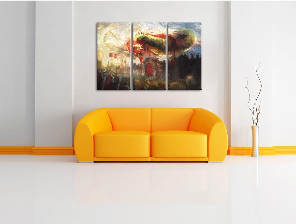 Pixxprint Drache über der Festung als Leinwandbild/Grösse: 3 Teilig (120x80 cm) cm/Wandbild/Kunstdru