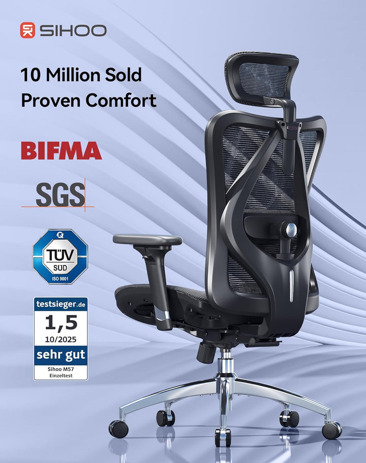 SIHOO M57 Ergonomischer Bürostuhl, Chefsessel mit 3D verstellbare Armlehne und Lendenwirbelstütze, H