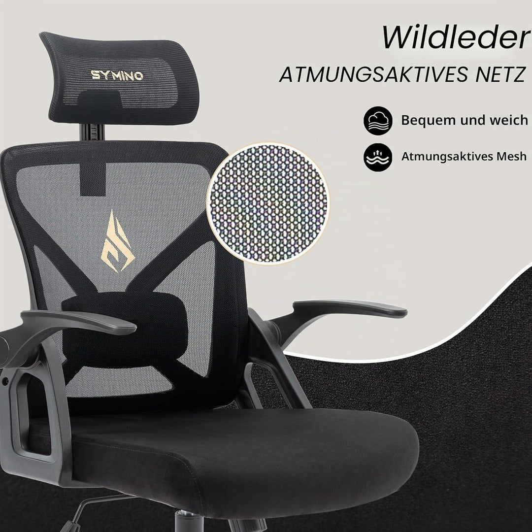symino Bürostuhl, Bürostuhl Ergonomischer mit Verstellbarer Kopfstütze, Armlehnen, Lordosenstütze, d