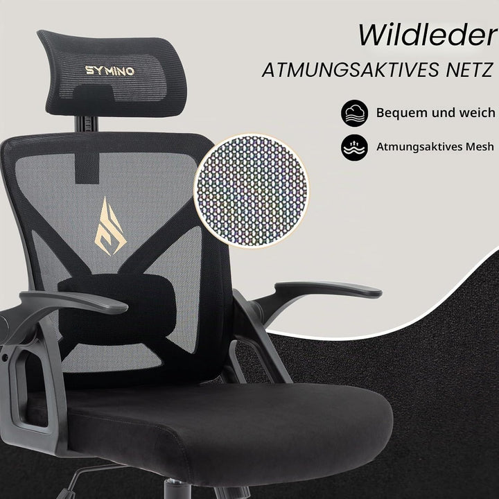 symino Bürostuhl, Bürostuhl Ergonomischer mit Verstellbarer Kopfstütze, Armlehnen, Lordosenstütze, d
