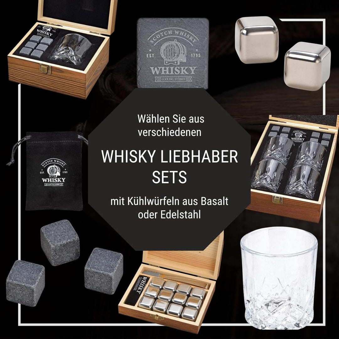 WOMA Whisky Steine Set I 8 Kühlwürfel aus Basalt inkl. Samtbeutel, 4 Whiskey Gläser & hochwertiger H