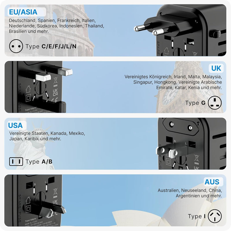 Voomy Reiseadapter Weltweit, Reisestecker mit 2 USB, 2 USB C und 1AC Steckdose, Internationaler Stec
