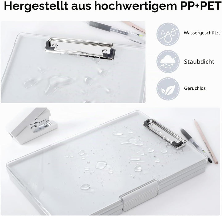 FRETONBA Klemmbrett a4 mit Aufbewahrungsfach,Kunststoff-Klemmbrett mit Ablage, Leichtes Zwischenabla