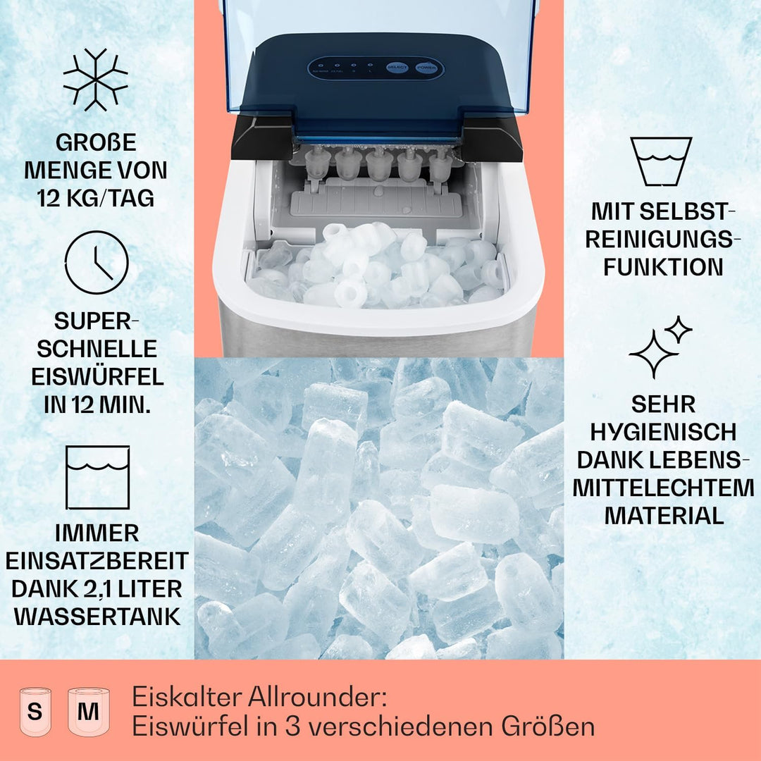 Klarstein On-The-Rocks - Eismaschine, Eiswürfelbereiter, Eiswürfelmaschine, 12 kg / 24 h, 120W, 2 Wü
