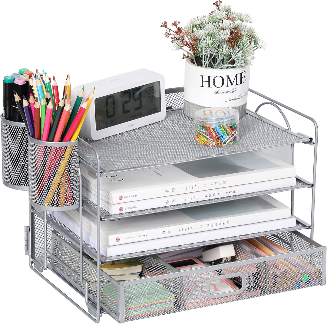 Vikmyer 4-Trays Desktop File Organizer, Mesh Office Desk Supplies Organizer Dokument Brieffachhalter
