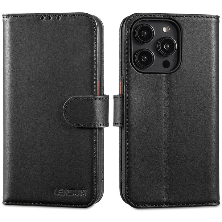 LENSUN Echtleder Hülle für iPhone 14 Pro, Handyhülle [Echtes Leder][Magnetverschluss][RFID Schutz] H
