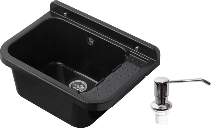VBChome Ausgussbecken 50 x 34 x 21 cm Schwarz Seifenspender Spülbecken Waschtrog mit Überlauf Waschb