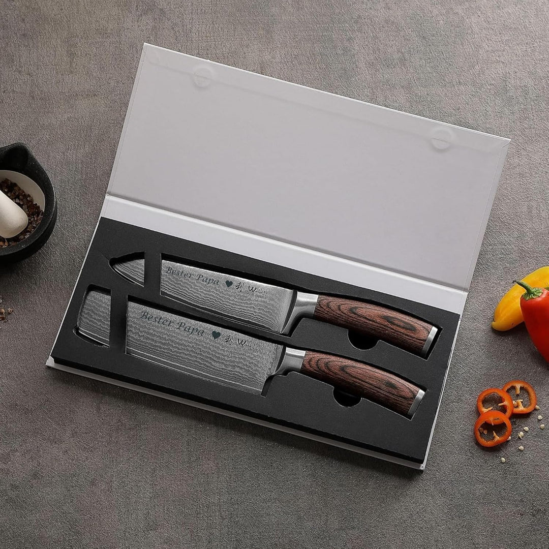 Wakoli Edib 2er Damastmesser Set mit Gravur – Personalisiertes Messer-Set, Santoku & Nakiri (17/17,5
