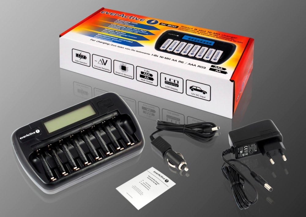everActive Ladegerät für 8 Akkus AAA AA, schnelle Ladung - 4 Stunden Akku-Set, LCD Anzeige, Auffrisc