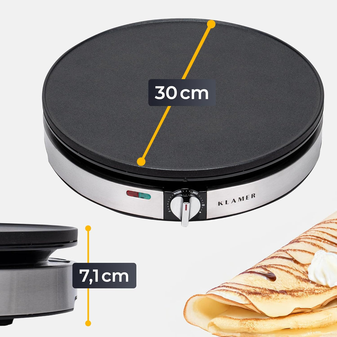 KLAMER Crepes Maker, Backfläche mit 30cm Ø, antihaftbeschichtete Platte, inkl. Teigverteiler und Wen